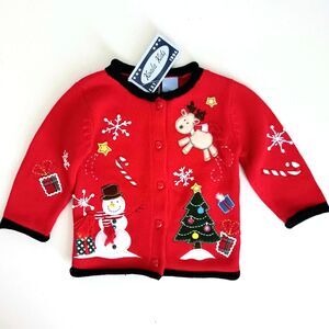 NWT Koala Kids Christmas Cardigan 12M Red Cotton Snowman XMas Tree Deer Applique